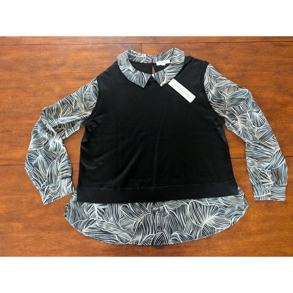 NWT RIO & RIAN Women's Black White  Leaf Sweater Vest Mock Layered Shirt Top PXL